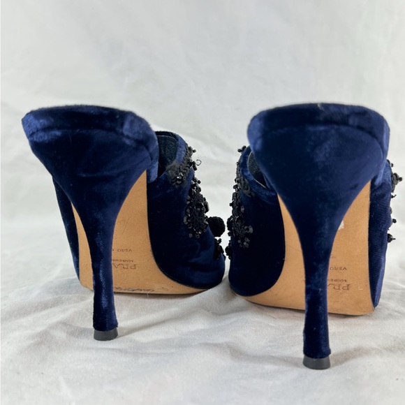 PRADA Navy Blue Velvet Faux Stone Embroidered Heels Sandals 36.5 - 6.5US - Picture 11 of 12